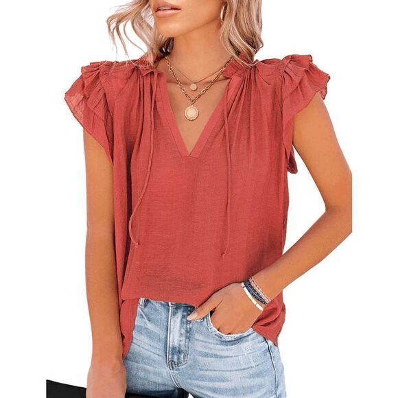 Women's Casual V Neck Tops Ruffle Flutter Shirt Cap Sleeve Blouse - Picture 1 of 5